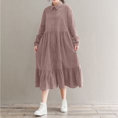 Vintage Corduroy Shirt  Dress Women Sundress  Spring Casual Long Sleeve Ruffle Vestidos Female Button Midi Robe 









	
		
			Package included:1 Dress
			Material:100% Polyester
			Colors:Black,Purple,Pink
			Size:S,M,L,XL,2XL,,,
			Sleeve Length:Full Sleeve
			Neckline:Turn-Down-Collar
			Pattern: Solid Color
			Length:Mid-Calf Length
			Thickness:Thick
			Decoration:Lace-up
			Style:Leisure,Bohemian,Retro,Europe
			Season:Spring,Autumn,Winter
			Occasion:Family,Holiday,Employment,Travel Corduroy Shirt Dress, Shirt Dress Women, At Work, Best Suit, Sneaker Outfits, High Rise Style, Mode Abaya, Vintage Corduroy, Corduroy Shirt