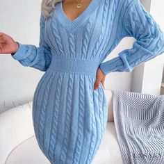 Lasaky - Chic V-Neck Cable Knit Sweater Dress - Womens Fall/Winter Bodycon Dress with Long Sleeves Dress Brown Boots, Winter Knit Dress, Winter Bodycon Dress, Cable Knit Jumper Dress, Sweater Dress Brown, Blue Sweater Dress, Knitted Jumper Dress, Party Sweaters, Cable Knit Sweater Dress