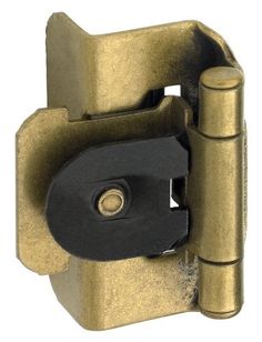 a brass plated door hinge with two black latches on the front and side