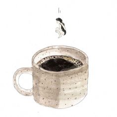 a drawing of a cup of coffee with a cat on the side and a bird flying over it