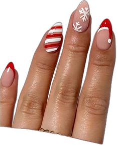 Red And White Christmas Nails Almond, Christmas Nails Candy Cane Stripes, Christmas Nails Painted, Christmas Nails Ornaments, Red Snowflake Nails Acrylic, Coffin Shaped Christmas Nails, Christmas Nail Design Ideas, Candy Cane Nails Christmas, Christmas Nails Almond Red