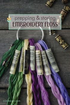 several skeins of thread with the words prepping and storing embroidery floss