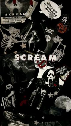 a bunch of stickers that are on top of a black background with the words scream