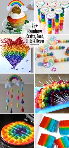 rainbow crafts and treats for kids to make with them, including cupcakes, cake pops