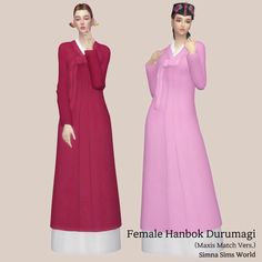 two female hanbok durumagis standing next to each other in different colors