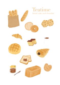 an illustration of bread, cookies and other food items