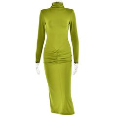 Features: Introducing our elegant Turtleneck Long Sleeve Bodycon Maxi Dress. Designed for the fashionable woman, this dress is perfect for autumn and winter, featuring a trendy turtleneck, long sleeves, and a bodycon fit that accentuates your curves. Ideal for any club or party, this dress will definitely make you feel sexy and confident. Elegant Green Long Sleeve Bodycon Dress, Green Long Sleeve Bodycon Midi Dress, Chic Long Sleeve Slim Fit Bodycon Dress, Elegant Slim Fit Bodycon Dress For Fall, Chic Slim Fit Bodycon Dress With Long Sleeves, Chic Slim Fit Long Sleeve Bodycon Dress, Spring Bodycon Turtleneck Midi Dress, Stretch Turtleneck Midi Dress For Party, Stretch Turtleneck Midi Dress