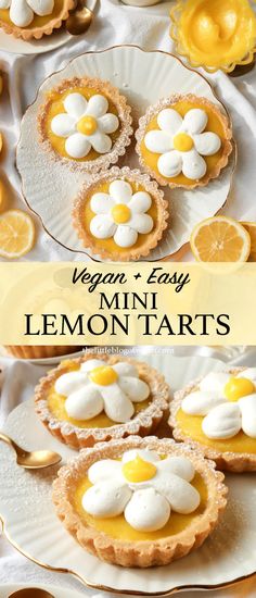 mini lemon tarts with whipped cream on top and the words, vegan easy