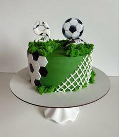 a cake decorated with soccer balls and grass