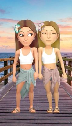 two cartoon girls standing on a wooden pier next to the ocean with their arms around each other