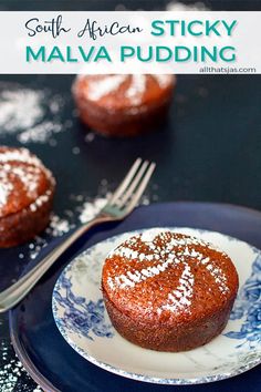 a blue and white plate topped with a muffin