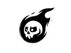 a black and white drawing of a skull with a flame on it's head