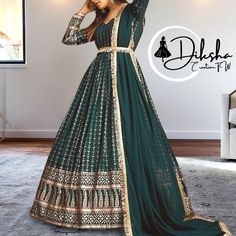 Green Anarkali gown Flared gown with dupatta Full flair dress Indian wedding dress Sequins Embroidery anarkali suit Readymade gown GOWN   :- 👇 FABRICS      :- Faux Georgette  WORK       :- Metalic Foil Work SIZE         :- M(38"), XL(42") LENGTH   :- 57 INCH SLEEVES    :- Full Sleeves STITCHING TYPE :- With can can DUPATTA :-👇 FABRIC   :- Faux Georgette WORK     :-Lace on Border LENGTH       :- 2.3 MTR Belt   :- Lace Belt PACKAGE CONTAIN :- 1-Gown,1-Dupatta,Belt WEIGHT        :- 1.200 KG india Indian Long Gowns, Pakistani Gown, Embroidery Anarkali, Green Anarkali, Lace Belt, Gown With Dupatta, Party Wear Gown, Wedding Dress Sequin, Flair Dress