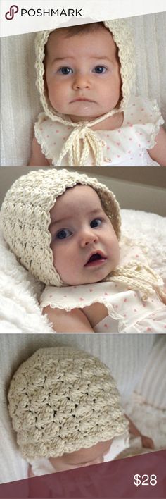 two pictures of a baby wearing a crocheted bonnet