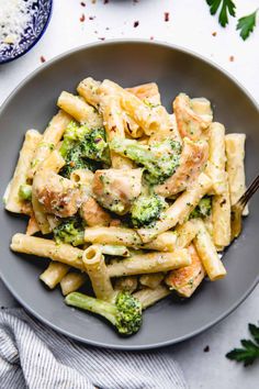 pasta with chicken and broccoli in a bowl