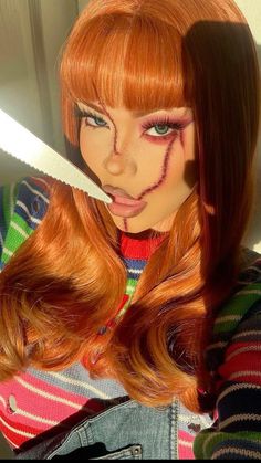 Clown Custome Women Halloween, Halloween Y2k Costumes, Halloween Makeup With Red Hair, Chunky Makeup Halloween, Easy Chucky Makeup, Cool Halloween Makeup Creative, Orange Hair Costume Ideas