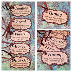 four tags with words on them that say honey, bread, plants, and bees