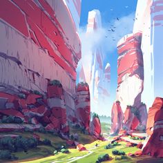 an animated landscape with red rocks and green grass