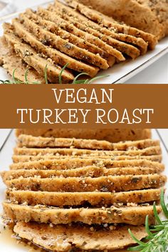 vegan turkey roast on a white platter with rosemary sprigs and text overlay