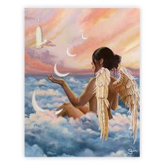 a painting of an angel sitting on the clouds with two birds flying above her and one bird in the sky