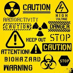 various warning signs and symbols on a yellow background