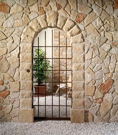 a stone wall with an iron gate and potted plant in the doorway to another room