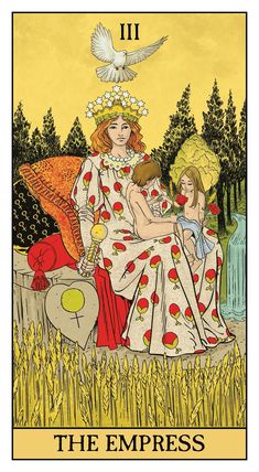 a tarot card with an image of a woman and two children in the grass