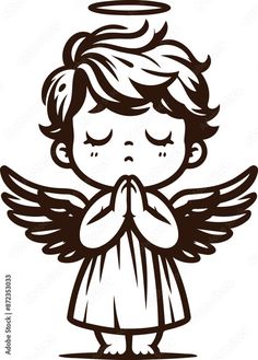 a black and white drawing of an angel praying