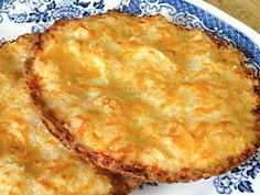 two food items on a blue and white plate