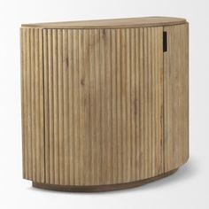 a round wooden cabinet with vertical slats