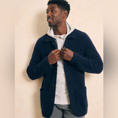 This Coat Is Extremely Soft And Comfortable. Navy Button-up Outerwear With Patch Pockets, Tailored Blue Pea Coat With Long Sleeves, Blue Winter Outerwear With Patch Pockets, Blue Tailored Long Sleeve Pea Coat, Navy Outerwear With Buttoned Pockets For Winter, Navy Collared Outerwear With Buttoned Pockets, Winter Blue Sport Coat With Buttons, Navy Casual Outerwear With Buttoned Pockets, Blue Collared Outerwear With Buttoned Pockets