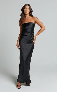 Charlita Maxi Dress - Strapless Cowl Back Satin Dress in Black | Showpo USA Formal Draped Strapless Satin Dress, Strapless Satin Dress With Ruched Bodice For Formal Events, Formal Strapless Satin Dress With Ruched Bodice, Sleek Satin Maxi Dress For Prom Season, Satin Strapless Dress With Ruched Bodice For Evening, Strapless Satin Finish Evening Dress For Gala, Strapless Evening Dress With Satin Finish For Gala, Sleek Satin Finish Maxi Dress For Prom, Chic Draped Satin Strapless Dress