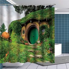 a bathroom with a green hobbot shower curtain in the shape of a toilet