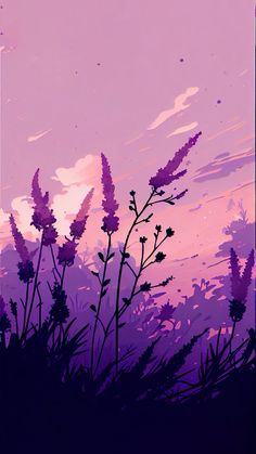 a painting of purple flowers against a pink sky