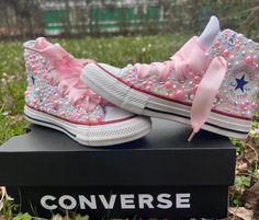 Embellished Converse. Made to order. Please select/fill in Size and Color. Embellished Converse, Customized Converse, Birthday Shoes, Bling Converse, Barbie Birthday Party, Barbie Shoes, Shoes Converse, Barbie Birthday, Sneakers Athletic