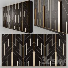 three black and gold wall panels with geometric designs