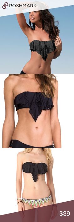 New L*Space Flutter Bye Bandeau Bikini Top L*space bikini top. D Cup. Black.  A laser-cut ruffle adds graceful movement to a strapless bikini top. Boned sides provide support, and the thick straps knot at the back. Lined. 80% nylon/20% spandex. Hand wash. Made in the USA. Bottoms sold separately. l*space Swim Bikinis Chic Strapless Tube Top For Poolside, Chic Summer Swimming Tube Top, Chic Strapless Swimwear For Beach Season, Strapless Ruffles Tube Top For Beach, Chic Tube Top For Poolside And Beach Season, Chic Strapless Ruffled Swimwear, Fitted Ruffles Tube Top For Beach, Fitted Ruffled Tube Top For Beach, Strapless Ruffled Swimwear For Summer