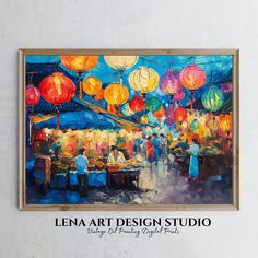 a painting hanging on the wall with people walking around it and lanterns in the background