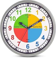 a clock with different colors and numbers on the face, including one minute to five minutes