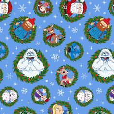 a blue christmas themed background with santa, rudolph and other cartoon characters in wreaths