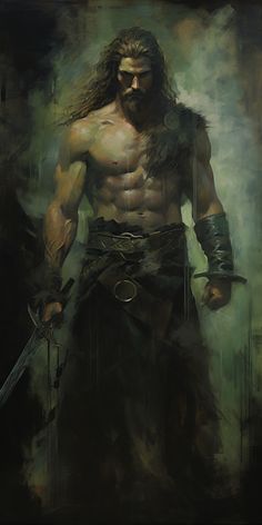 a painting of a man with long hair holding two swords