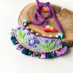 Mixed Media Boho Necklace Unique Felt Accessories | Etsy Artisan Embroidered Necklaces For Festivals, Whimsical Beaded Necklaces For Festivals, Handmade Purple Bohemian Necklaces, Purple Handmade Bohemian Necklaces, Handmade Adjustable Bohemian Bib Necklaces, Multicolor Bohemian Embroidered Necklace, Multicolor Embroidered Bohemian Necklace, Bohemian Multicolor Embroidered Beaded Necklaces, Artisan Purple Necklaces For Festivals