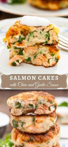 salmon cakes with spinach and garlic sauce are stacked on top of each other, ready to be eaten