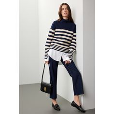 Off-white stripe (70% Acrylic, 30% Wool). Sweater. Long sleeves. Turtleneck. Pull on. 3" sleeves slits. Imported. Casual Workwear Sweater With Striped Collar, Casual Sweater With Striped Collar For Work, Casual Sweater For Work With Striped Collar, Chic Sweater With Striped Sleeves, Casual Striped Sweater For Work, Winter Workwear Tops With Contrast Stripes, Chic Long Sleeve Sweater With Contrast Stripes, Striped Sweater For Workwear In Fall, Striped Sweater For Work In Fall