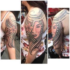 three different pictures of a woman's arm and shoulder with tattoos on her arms