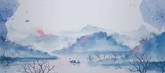 watercolor painting of trees and mountains in the foggy sky with birds flying over them