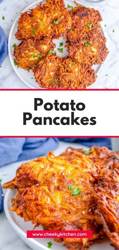 potato pancakes on a white plate with text overlay