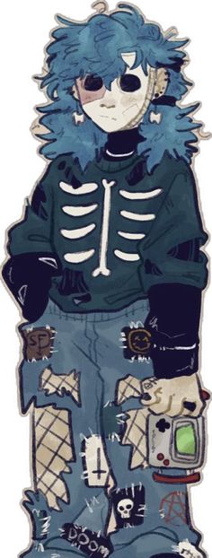 a drawing of a person with blue hair wearing a skeleton outfit and holding a cell phone