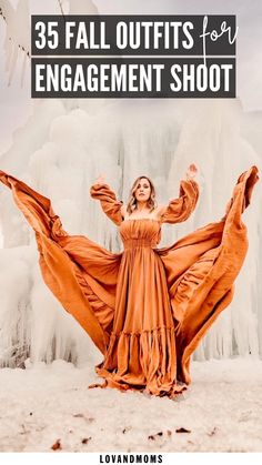 a woman in an orange dress with text overlay that reads 35 fall outfits for engagement shoot