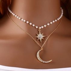 This Faux Pearl Boho Style Crescent Moon And Star Layered Necklace Is A Wonderful Addition To Your Wardrobe And Your Style! Chains Are Connected To Help Ensure The Ideal Fit Every Time! This Unique Piece Is Sure To Get Lots Of Compliments! Moon Star Pendant, Chains Fashion, Crescent Moon And Star, Star And Moon Necklace, Boho Moon, Pretty Jewelry Necklaces, Pearl Chain Necklace, Boho Crystal, Chain Fashion